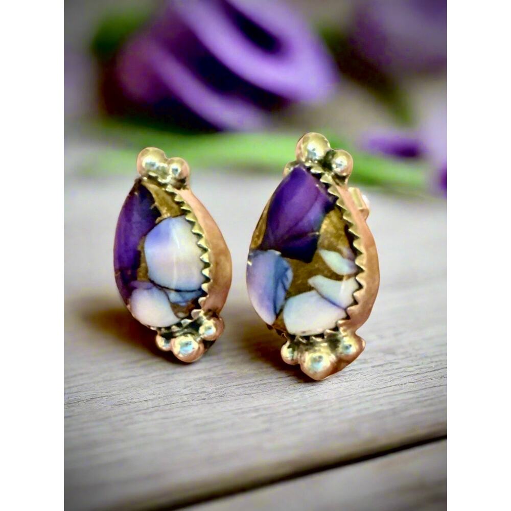 Purple Copper Turquoise Teardrop Earrings 1/2” Long Sterling Silvery